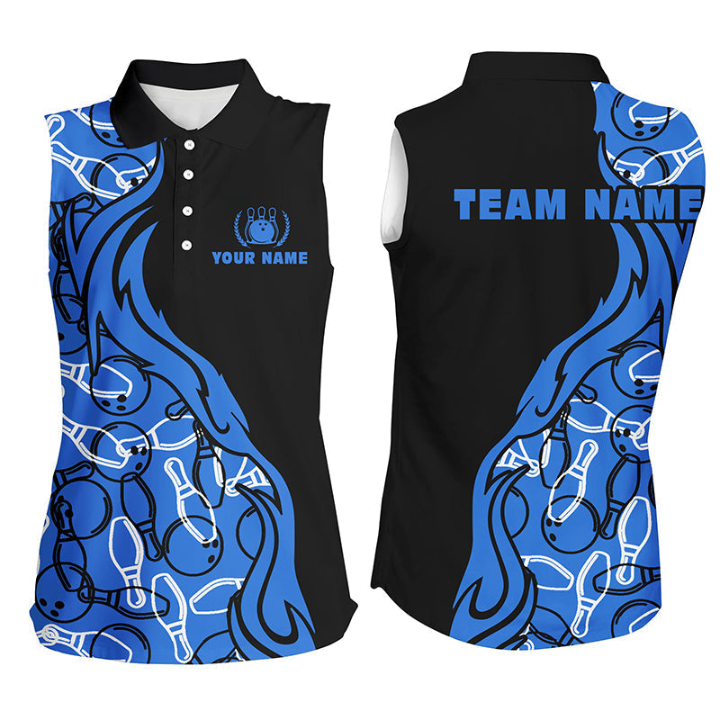 Black Blue Pattern Bowling Sleeveless Polo Shirts For Women, Custom Team Bowling Jerseys For Girl