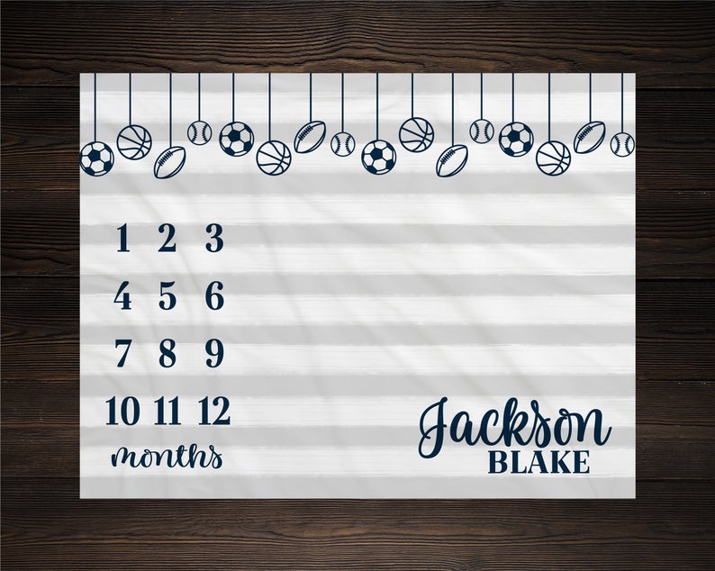 Sports Milestone Blanket, Monthly Growth Tracker Soft Fleece Blanket, Baby Shower Gift, Newborn Gift Blanket, Watch Me Grow Baby Boy