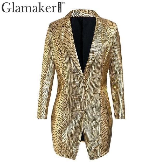 Glamaker Gold snake print sexy v-neck short dress Bodycon elegant buttons mini blazer dress Female 2019 autumn party club dress