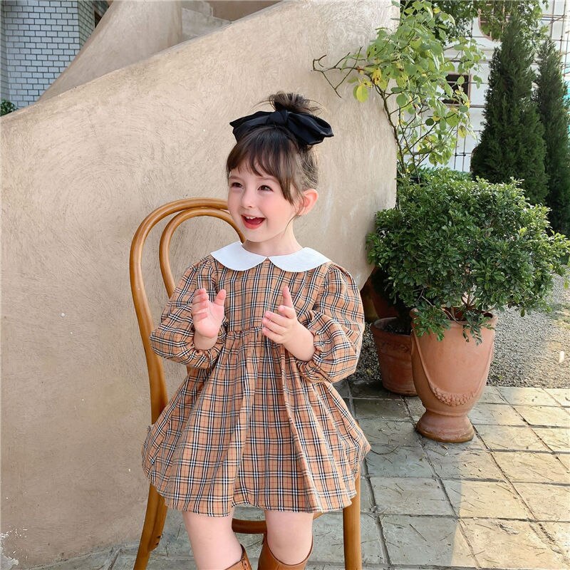 Autumn Winter 2021 New Girls Dress Long Sleeve Peter Pan Collar Plaid Cute Sweet Girls Baby Vestidos 2-6T alx