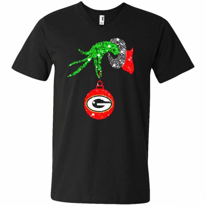 Grinch Hand Ornament Green Bay Packers Glitter Christmas V-neck T-shirt