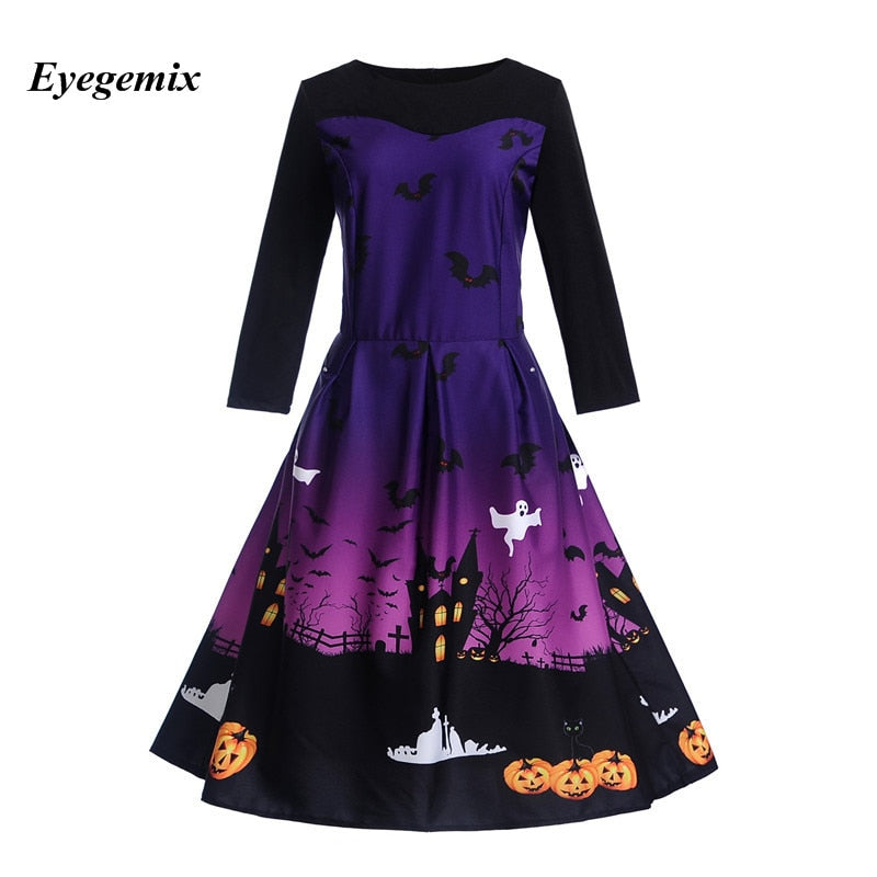 Autumn Long Sleeves Halloween Pumpkin Print Women Vintage Dress Round Neck High Waist Retro Dress