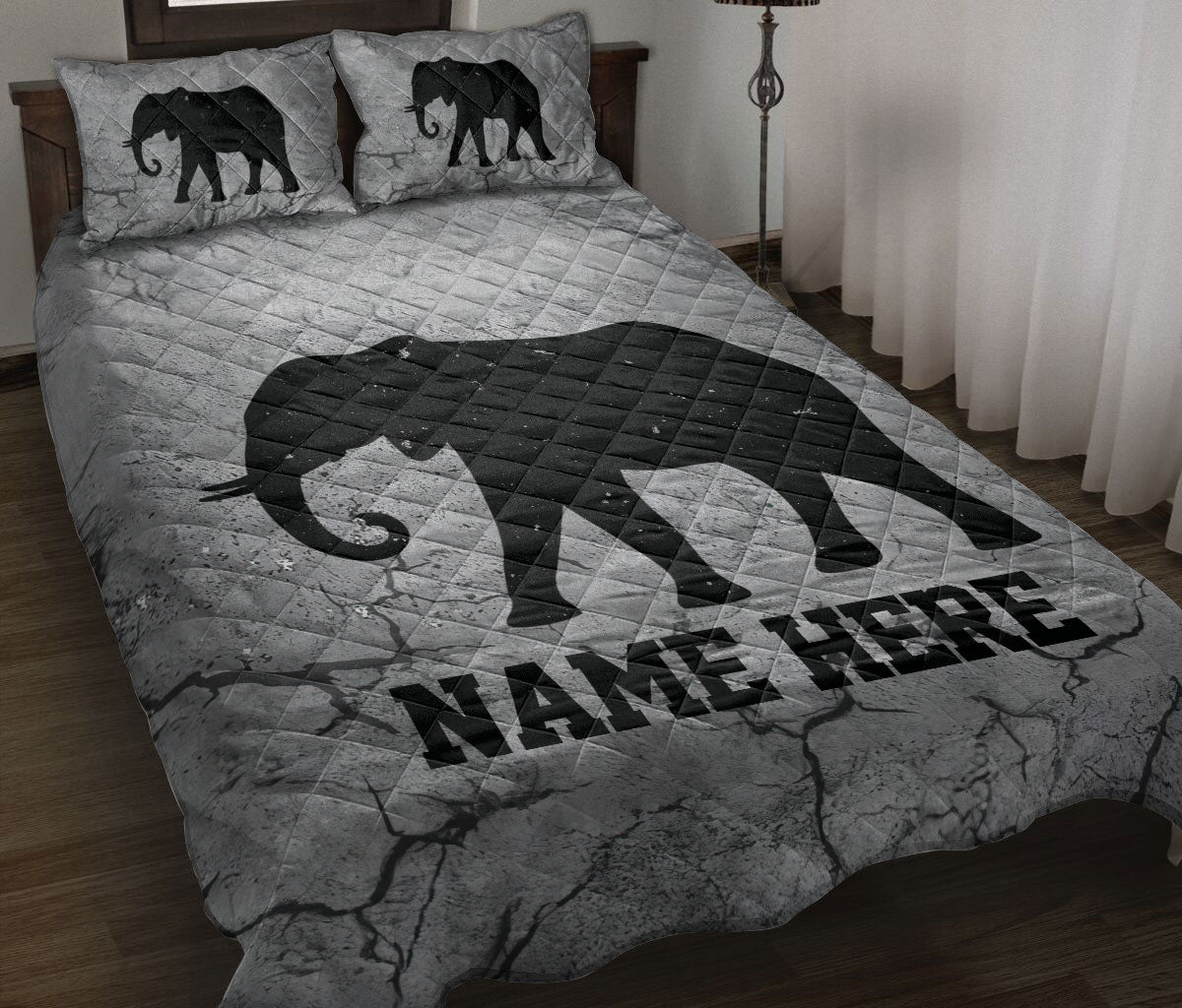 Personalized Elephant Quilt Set, Elephant Crack Grays Quilt Blanket With Pillowcases, Custom Name Quilt Bedding Set