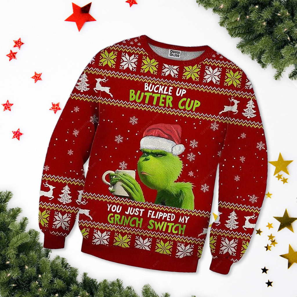 Grinch Christmas Sweater, Buckle Up Butter Cup Ugly Xmas Sweater 3D, Presents For Christmas