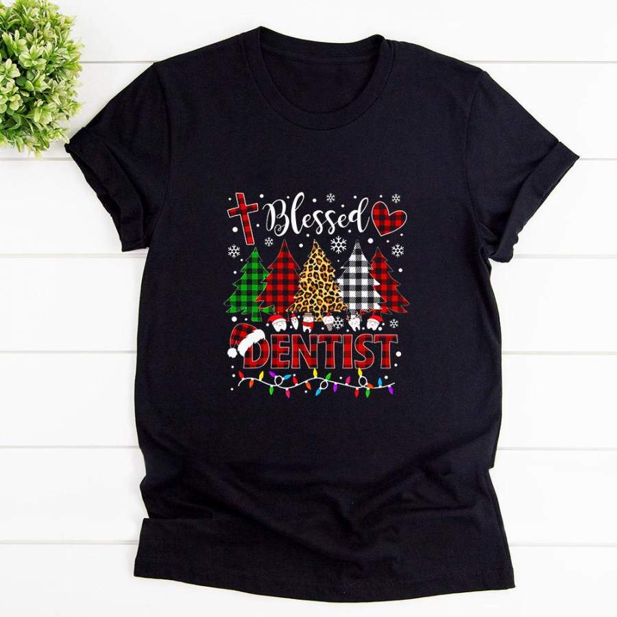 Dentist christmas blessed santa hat colorful light plaid leopard xmas tree black cotton t shirt for men and women S-6XL