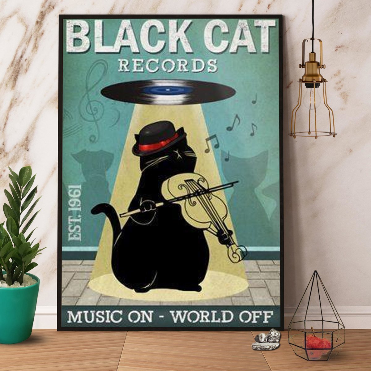 Black Cat Record Music On World Off Cat Play Violin Vintage  Poster No Frame Matte Canvas