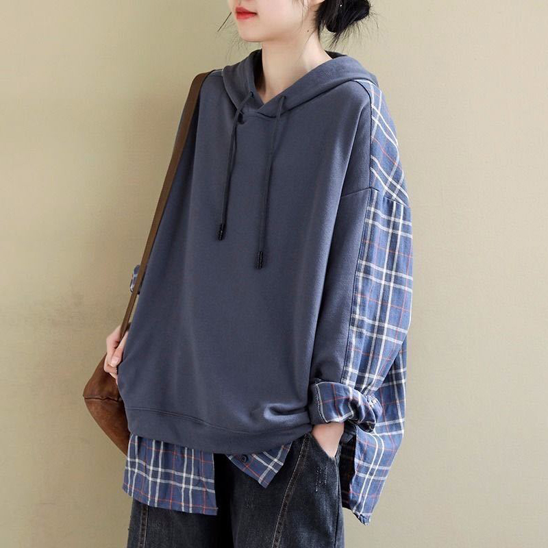 autumn winter streetwear vintage plaid patchwork loose casual hoodies women harajuku Y2K pullover ladies popularity sweatshirt alx