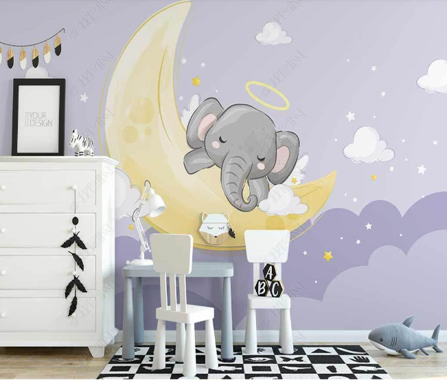 3D Northern Europe Hand-Painted Elephant Moon Clouds Wall Mural Wallpaper Sww2623