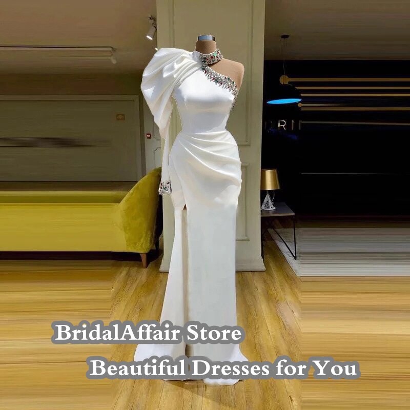 BridalAffair White Mermaid Evening Dresses Newest Vestidos De Fiesta Sexy Slit One Shoulder Crystal Dubai Arabic Formal Dress alx