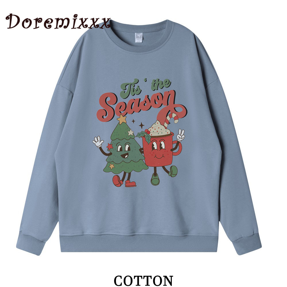 Tis The Season Christmas Sweatshirt Women 2022 Fashion 100% Cotton Long Sleeve Sweatshirts Hoodie Casual Female Pullover Tops alx