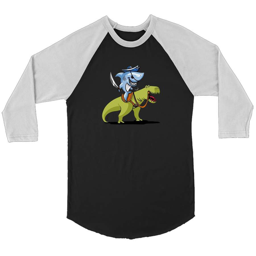 Shark Pirate Riding A T-Rex Dinosaur Funny – Canvas 3/4 Raglan Shirt