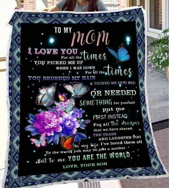 To My Mom I Love You For All The Time Flower Butterfly Gift From Son Fleece Blanket Home Decor Bedding Couch Sofa Soft And Comfy Cozy