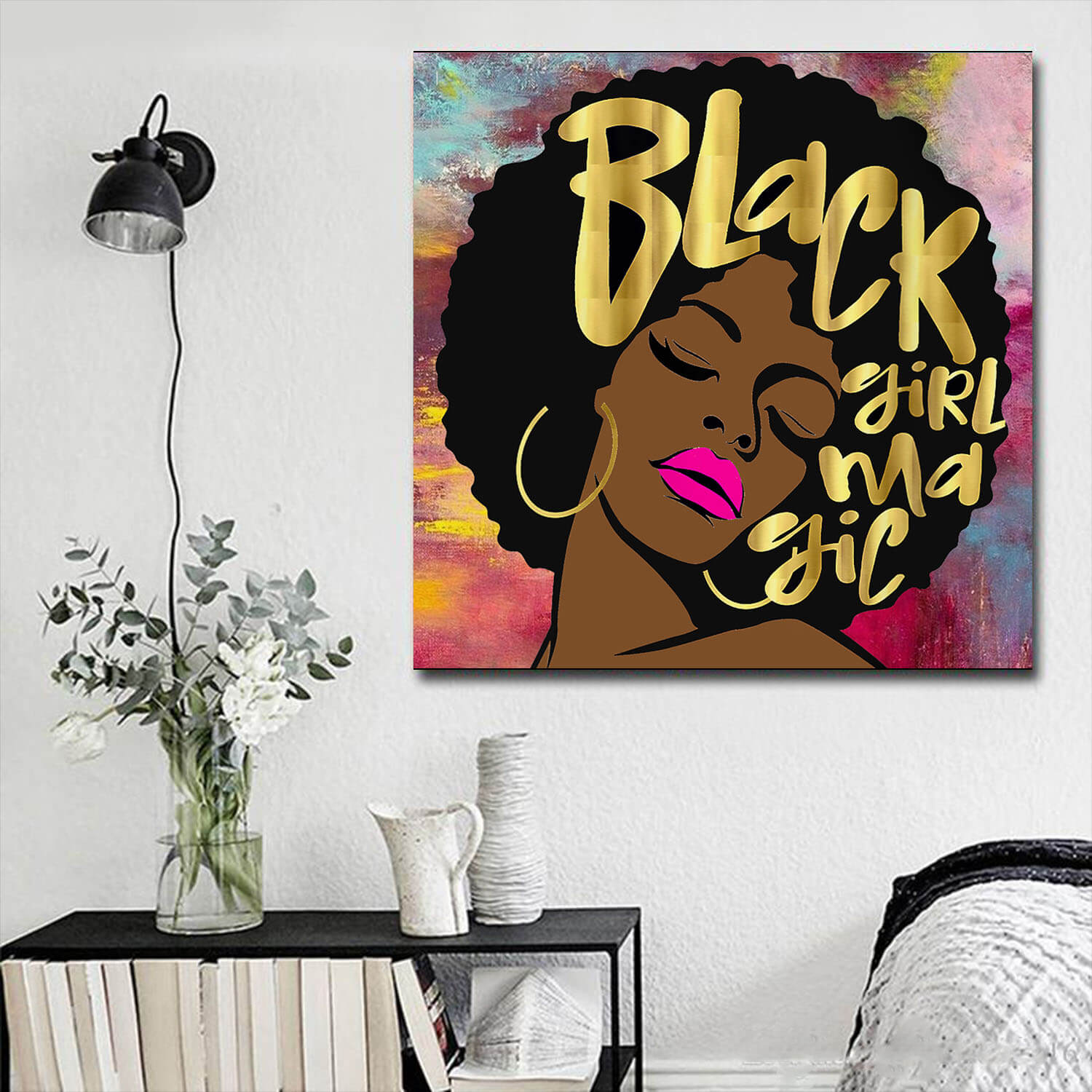 African American Art On Canvas Black Girl Magic Afro Woman Melanin Diva Black History Canvas Art Living Room Decor WBG1154