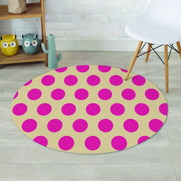 Cream And Pink Polka Dot Round Rug