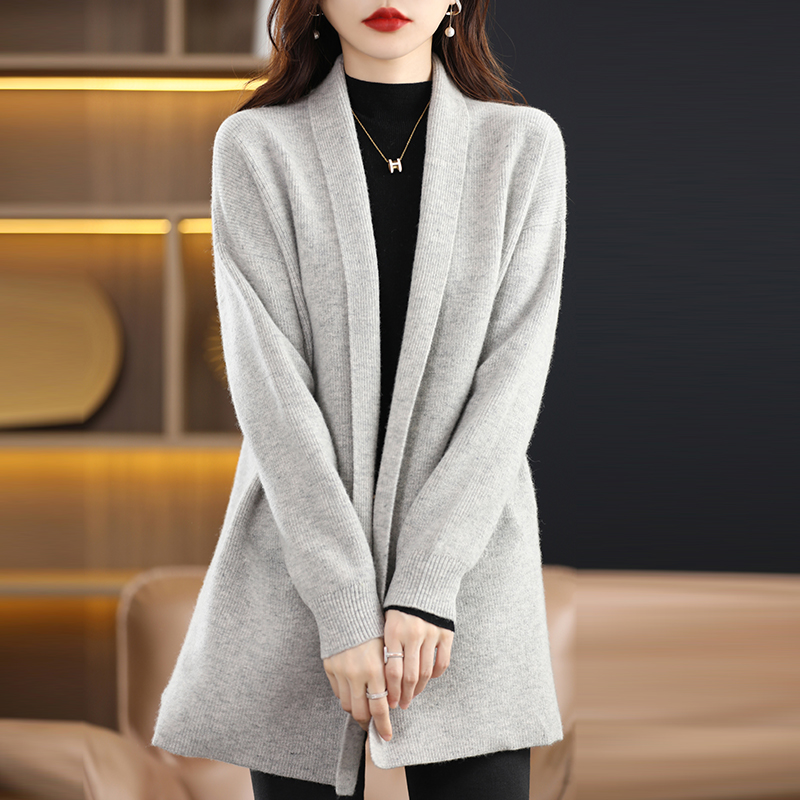 Autumn And Winter New Style All-Match Slim 100% Pure Wool Sweater High-End Buttonless Mid-Length Cardigan Sweater Women’s Wear alx