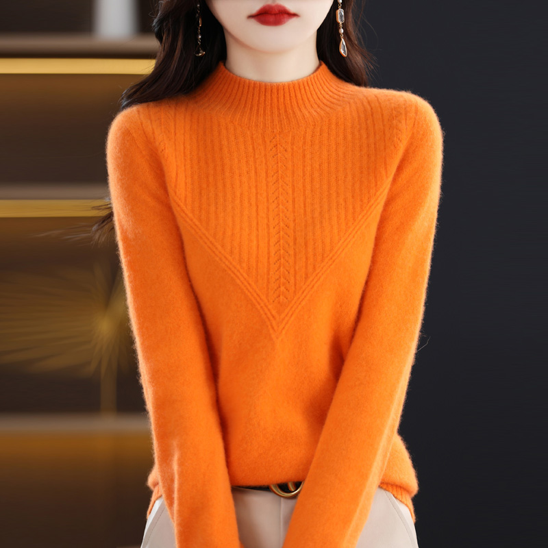 2022 Autumn/Winter Pure Woolen Sweater Female Knitted Sweater Pullover Long Sleeve Half High Collar Triangle Hollow Out Slimming alx