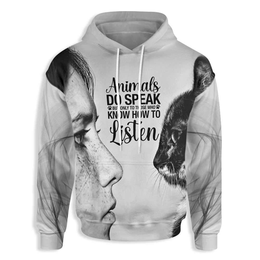 Animals Do Speak Cat Lover All Over Print Hoodie, Cat Sayings Hoodie For Cat Lovers, Best Cat Themed Hoodie