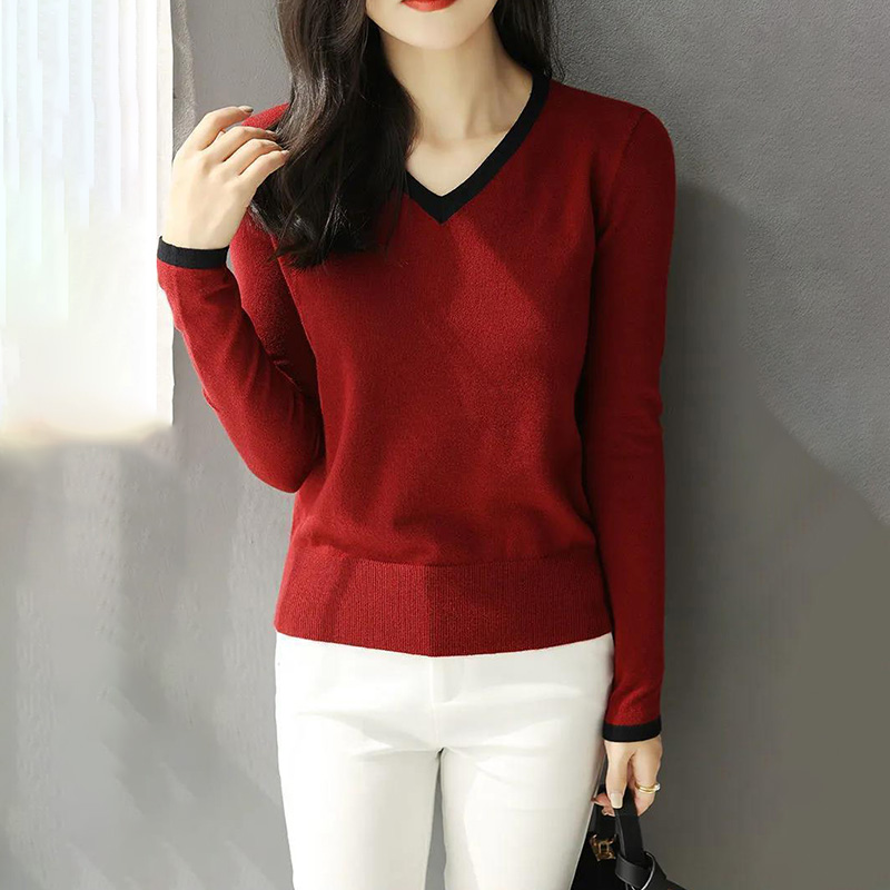 Vintage V-neck Thin Sweater Women Korean Patchwork Knitted tops Elegant OL Base Knitwear Elastic Big Size Loose Knit Pullover alx