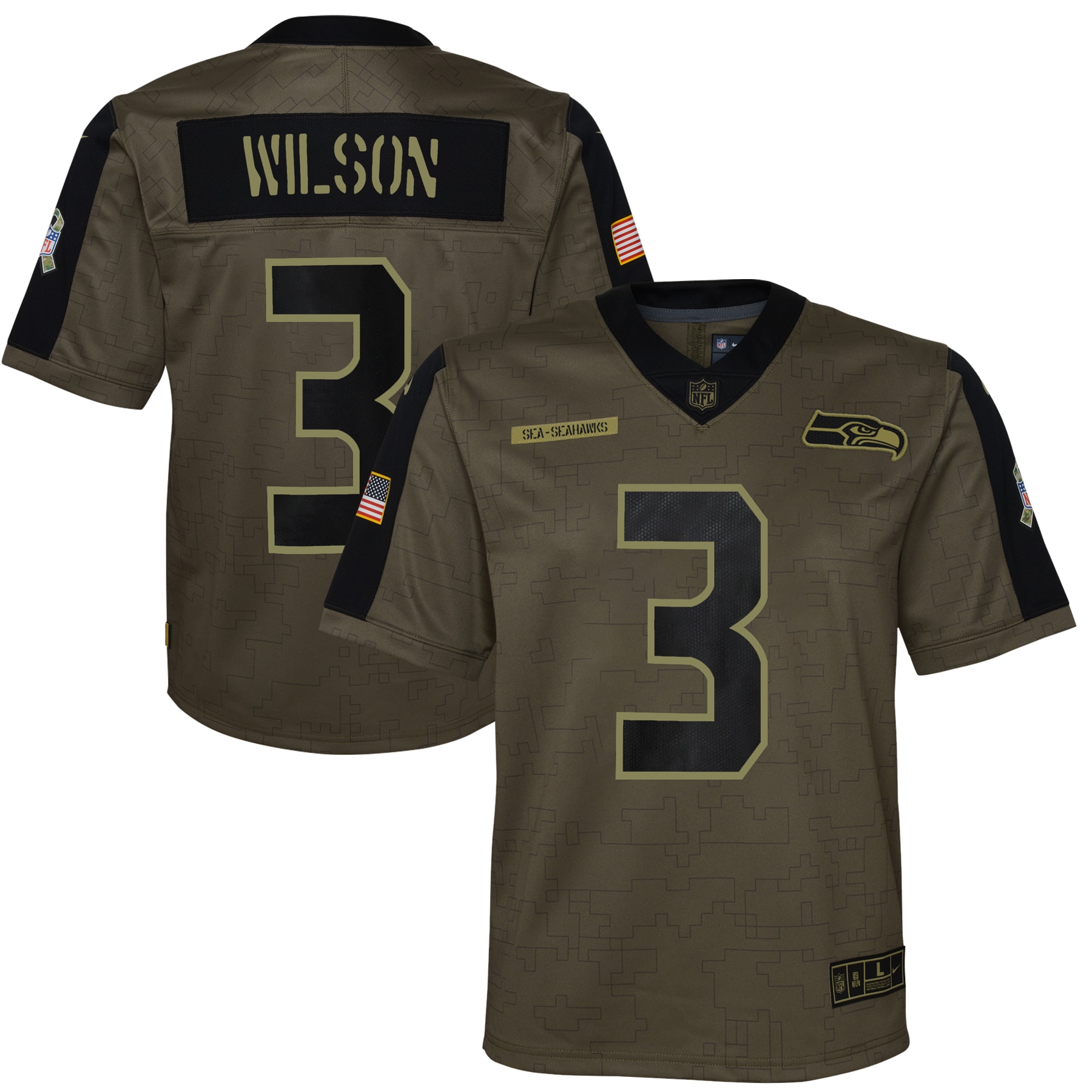 Russell Wilson Seattle Seahawks Youth 2021 Salute To Service Game Jersey – Olive