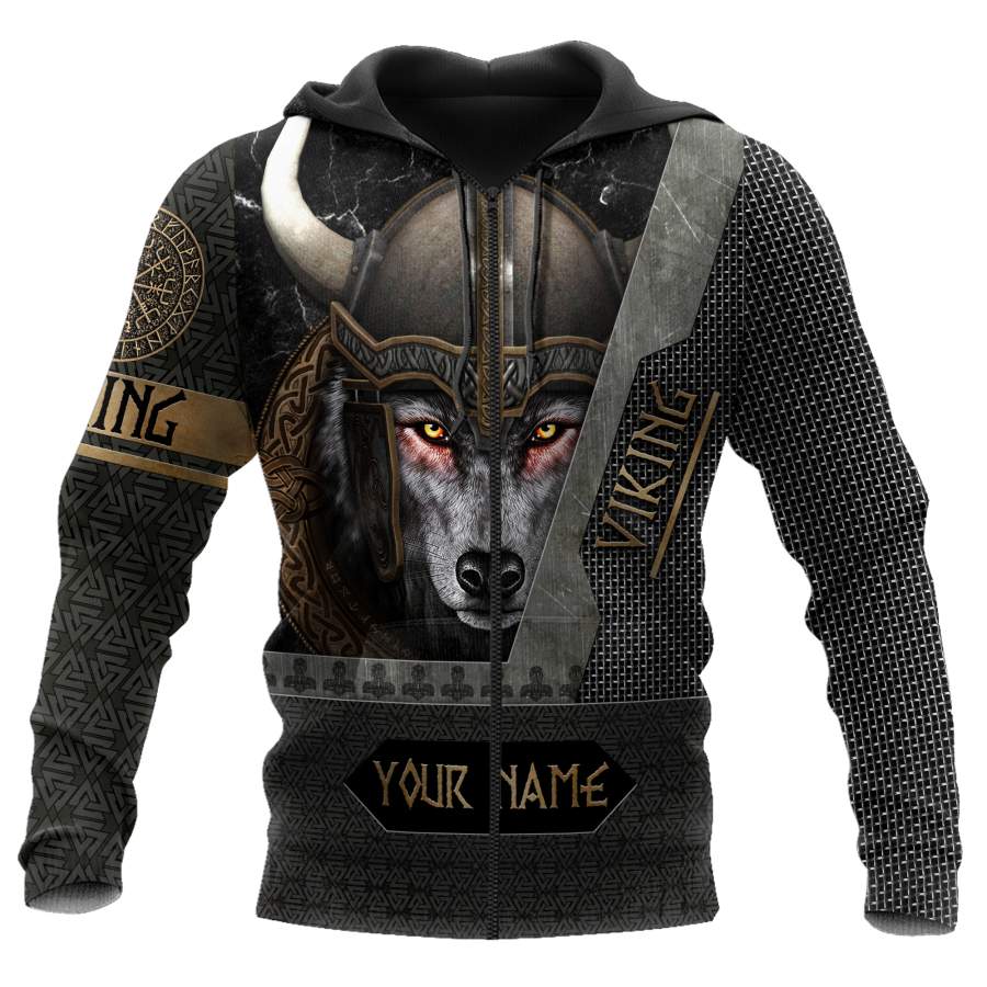 3D Viking Wolf Warrior Custom Name Hoodie Shirt for Men and Women