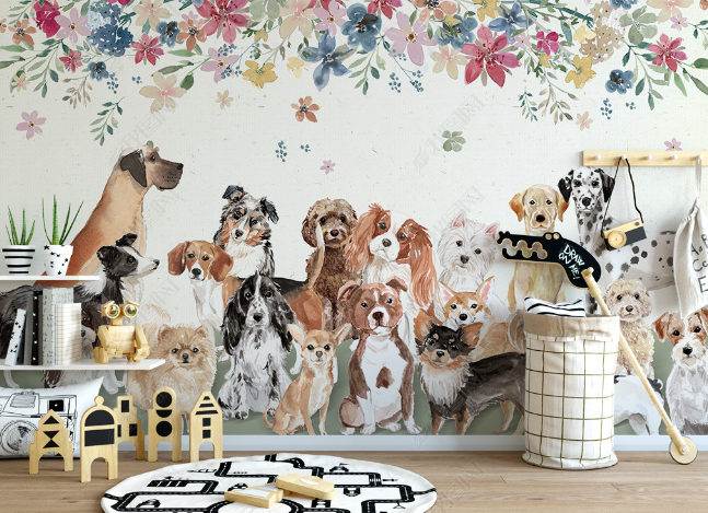 3D Hand Drawn Colorful Floral Animal Dog Wall Mural Wallpaper Lqh 27