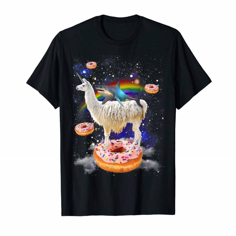 Space Shark Riding Llama And Donuts Galaxy Funny Shark  T-shirt