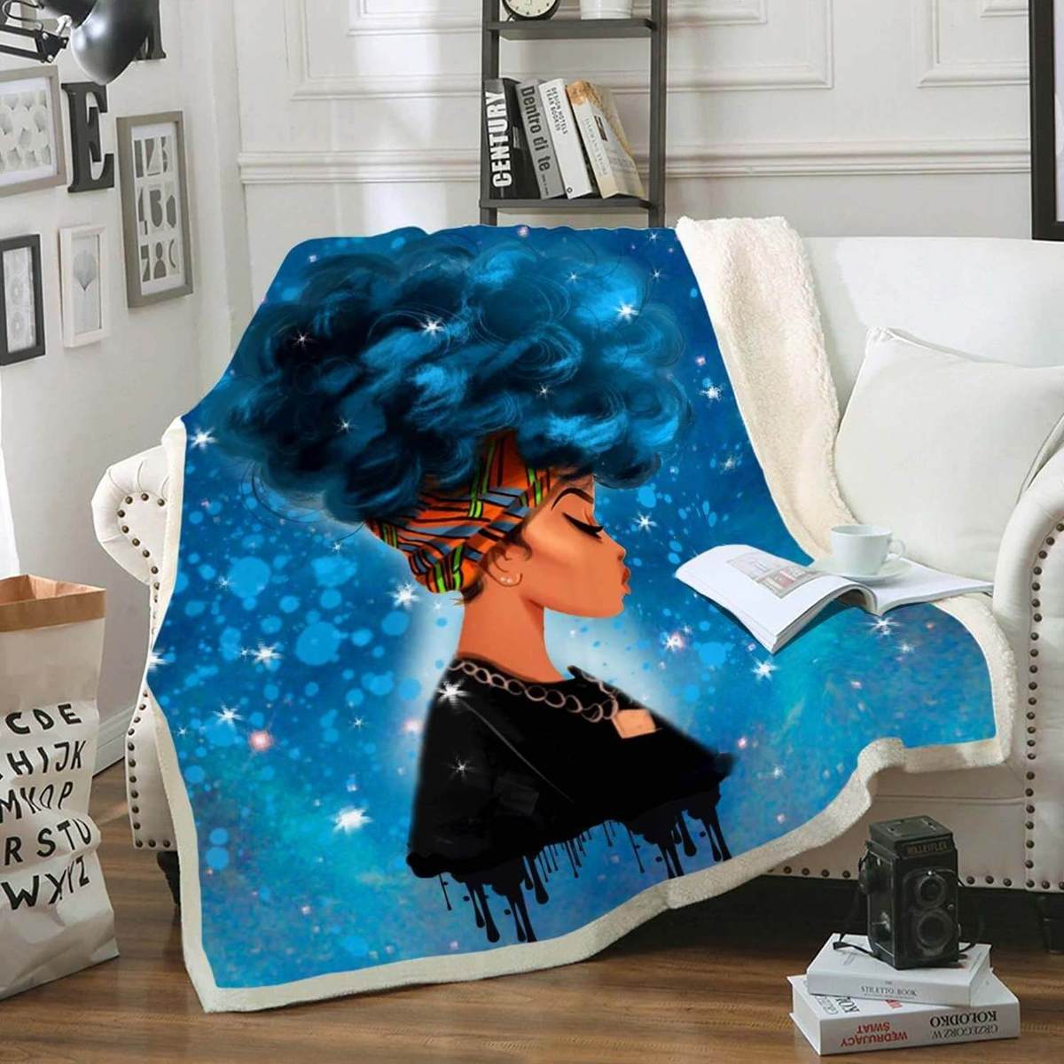 Melanin Blanket Black Women Art Fleece Blanket Blue Curly Headwrap Fleece Blanket – Blanket, Fleece Child, Blanket Sofa Bed