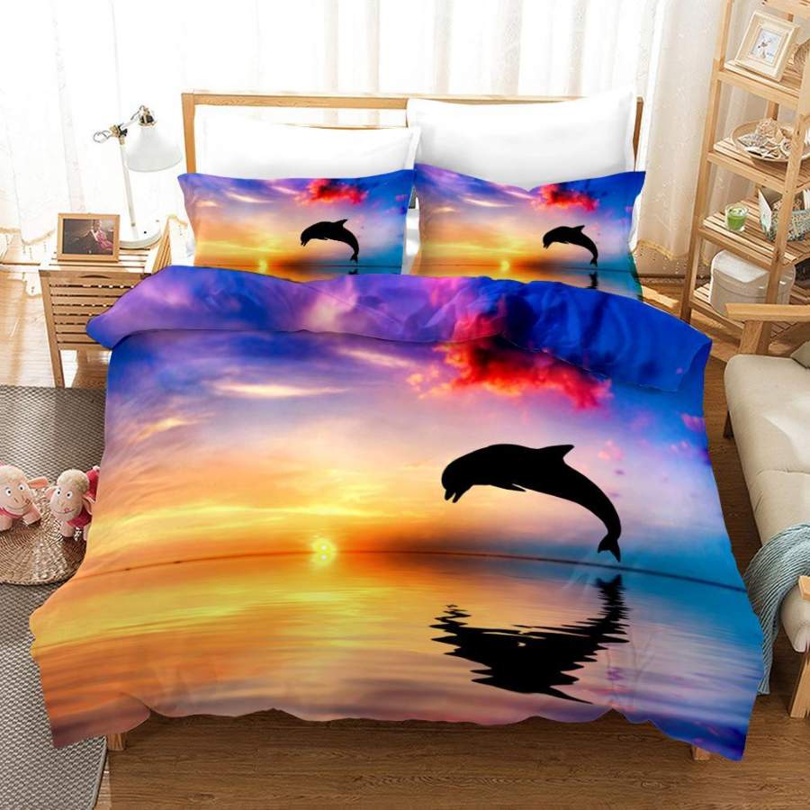 3D Yellow Sky Sea Dolphin Quilt Cover Set Bedding Set Pillowcases 7