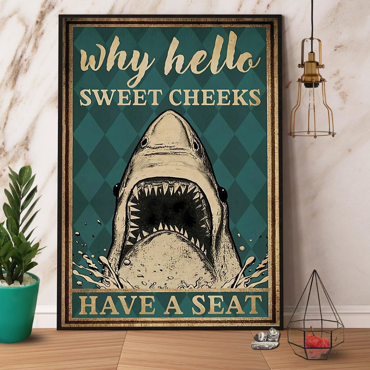 Shark Why Hello Sweet Cheeks Retro Green Poster No Frame