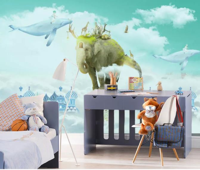 3D Cartoon Green Sky Elephant Wall Mural Wallpaper 227