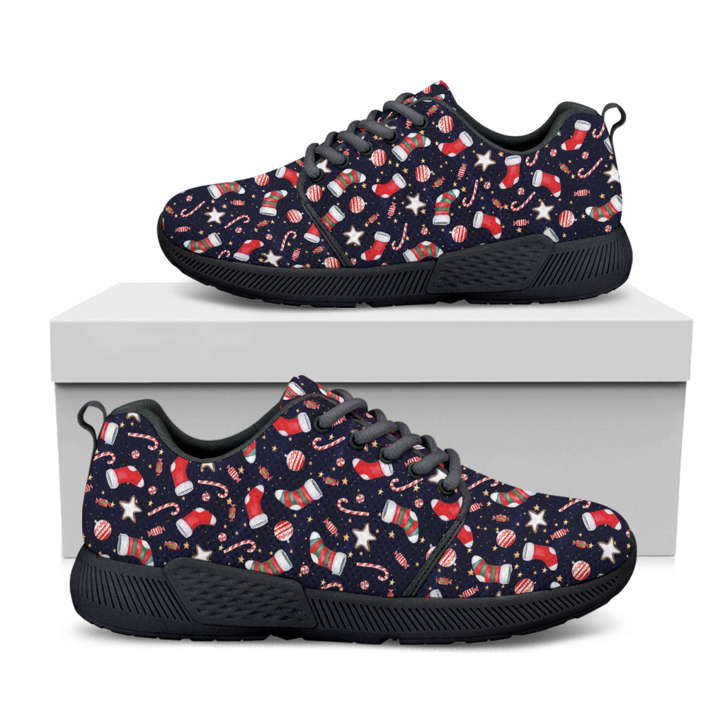 Watercolor Merry Christmas Pattern Print Black Athletic Shoes