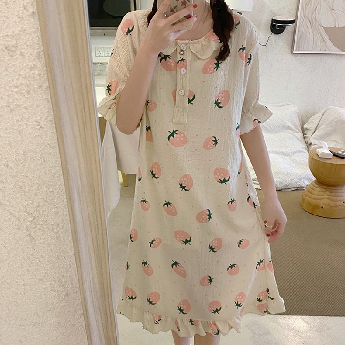 Summer Pure Cotton Gauze Nightdress Women Cherry Bear Printed Nightgown Japanese Cotton Linen Thin Bathrobe Pajamas Nightwear alx