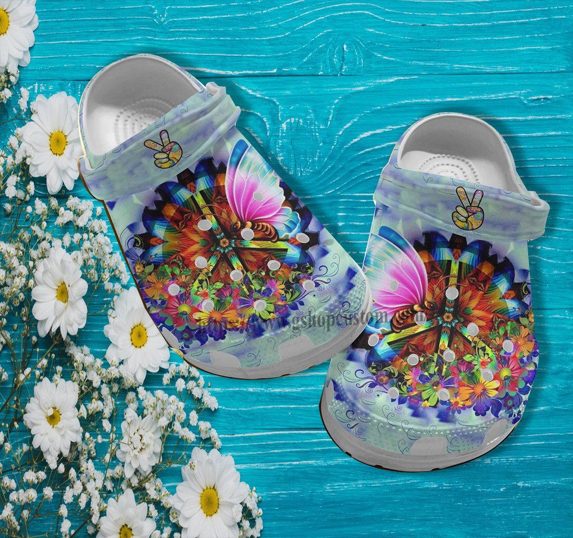 Butterfly Peace Hippie Trippy Croc Shoes Gift Women- Peace Flower Butterfly Shoes Croc Clogs- Cr-Ne0466