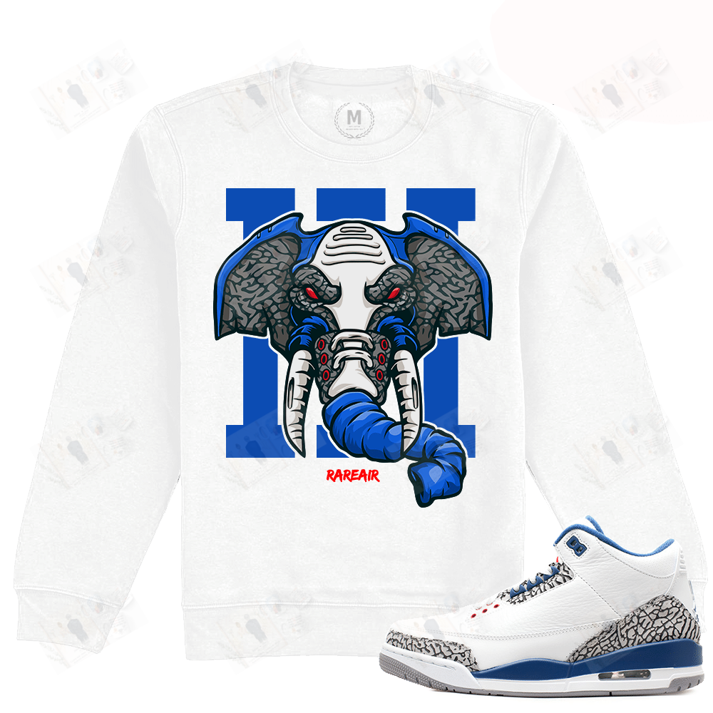 Match Jordan 3 True Blue Og | Rare Air Elephant | White Crewneck Sweatshirt