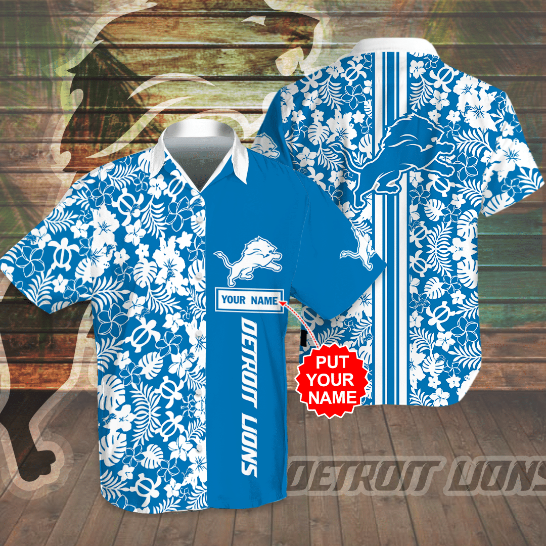 Personalized Detroit Lions All Over Print 3D Flowery Aloha Summer Beach Hawaiian Shirt & Beach Shorts – Blue