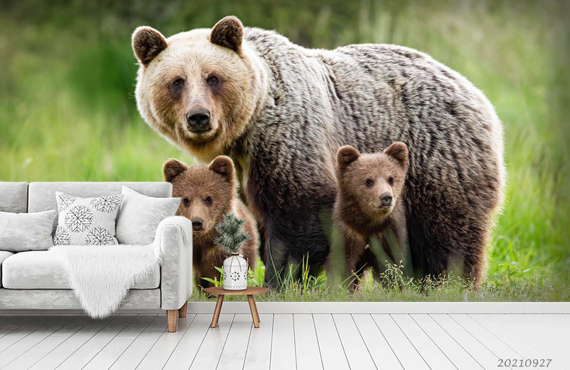 3D Animal Bear Green Meadow Wall Mural Wallpaper Lqh 236