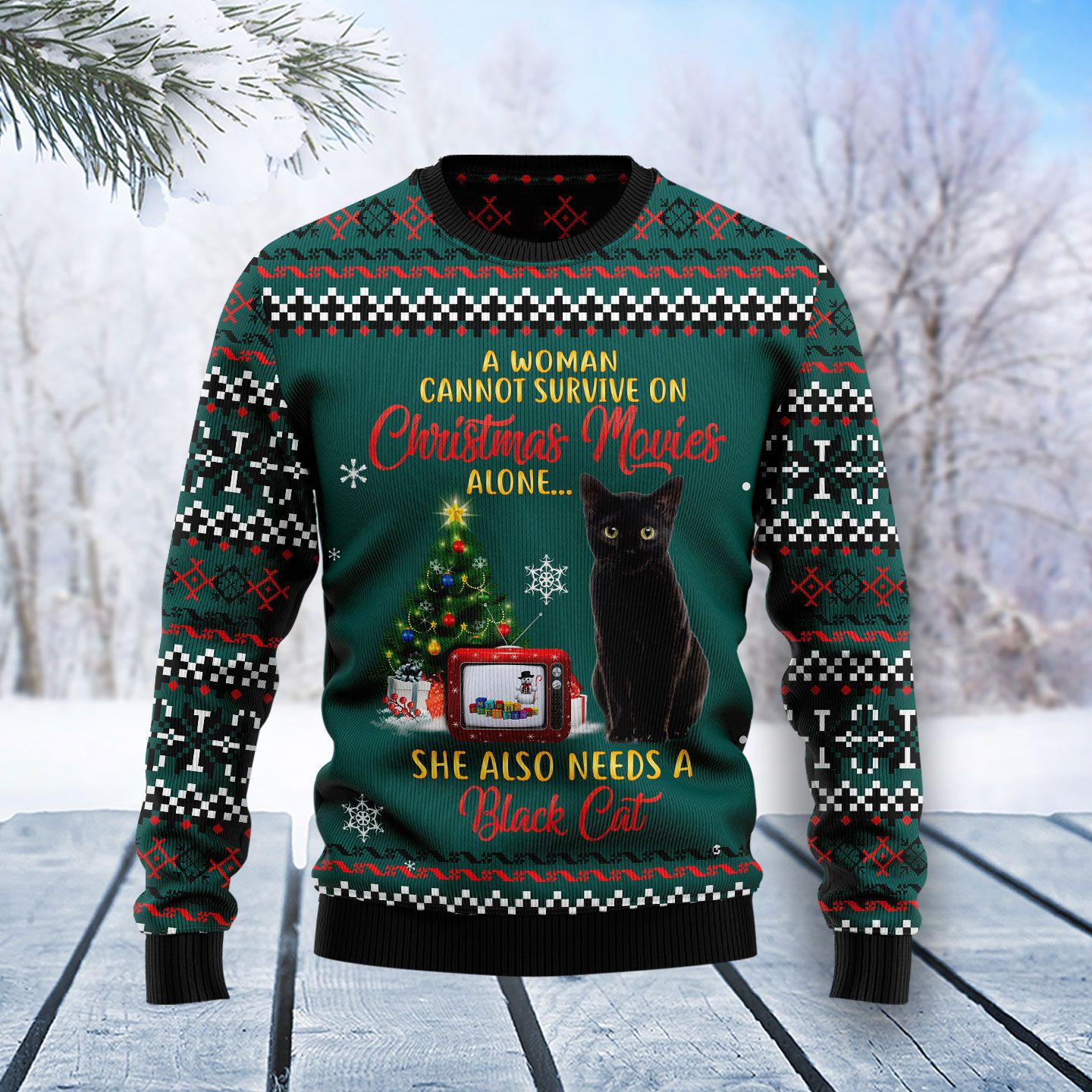 Black Cat Christmas Movie Ugly Christmas Sweater | For Men & Women | Adult | Us5201