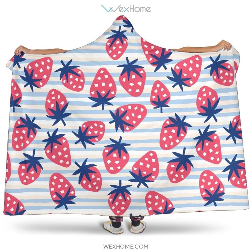 Strawberry Pattern Blue Lines Background Hooded Blanket