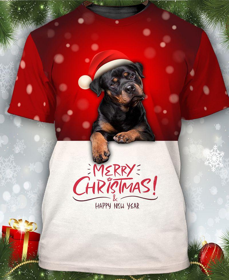 3D Rottweiler With Santa Hat Shirts Gift For Christmas Holiday 3D Tshirt