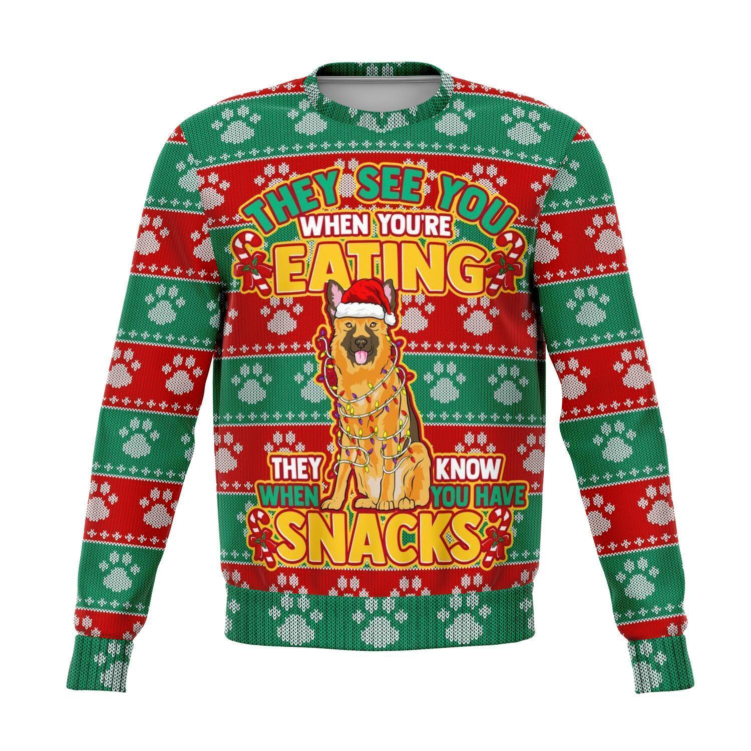 German Shepherd They Know When You Have Snacks Ugly Christmas Sweater | For Men & Women | Adult | Us6203