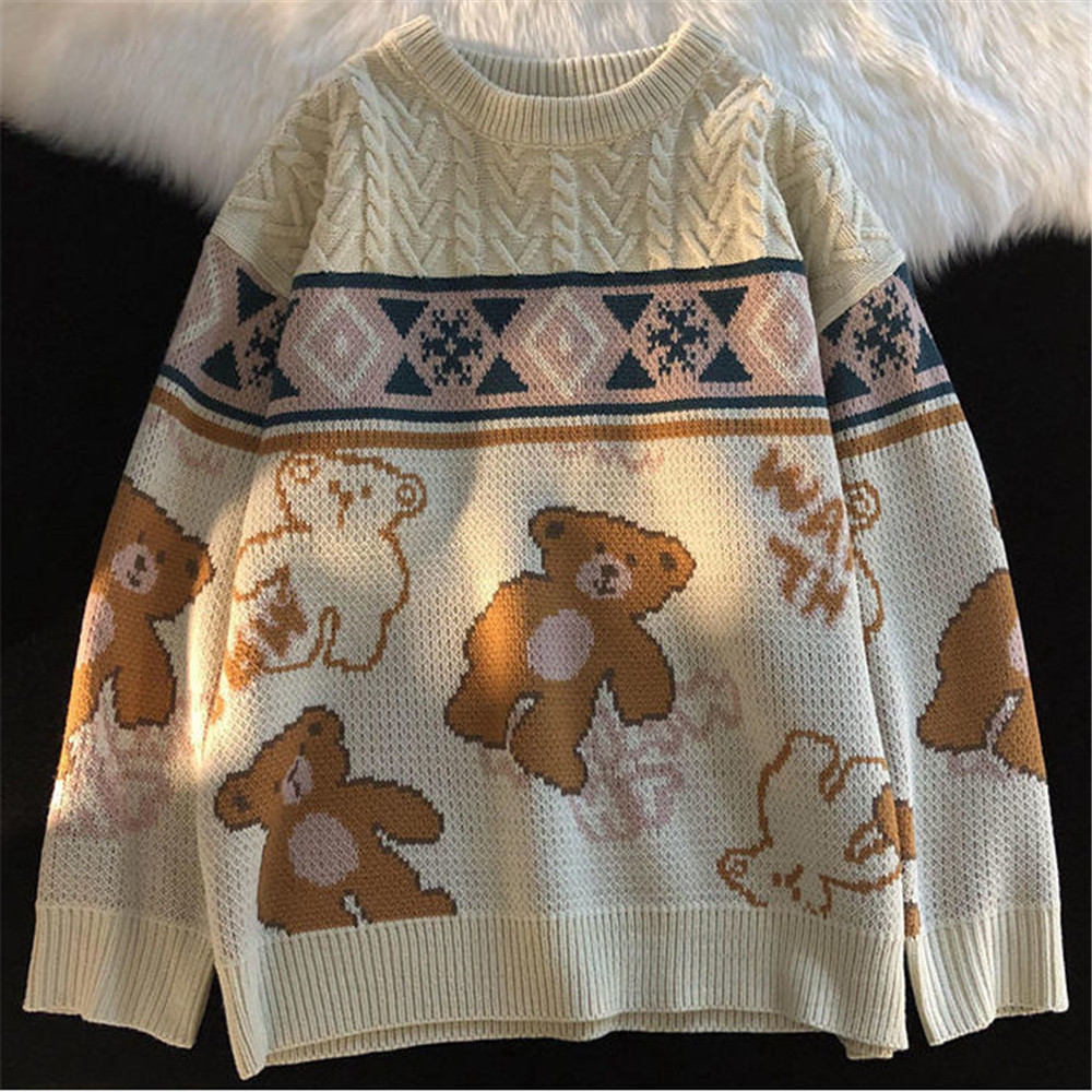 Cute Bear Tops Oversize Men High Street Knitting Sweater Tops Autumn Pullover Loose Harajuku Kawaii White Women Couple Sweaters alx