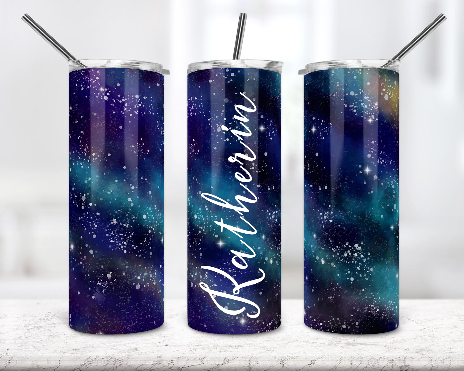 Watercolor Night Sky Personalized 20Oz Skinny Tumbler, Custom Name Tumbler, Custom Skinny Tumbler