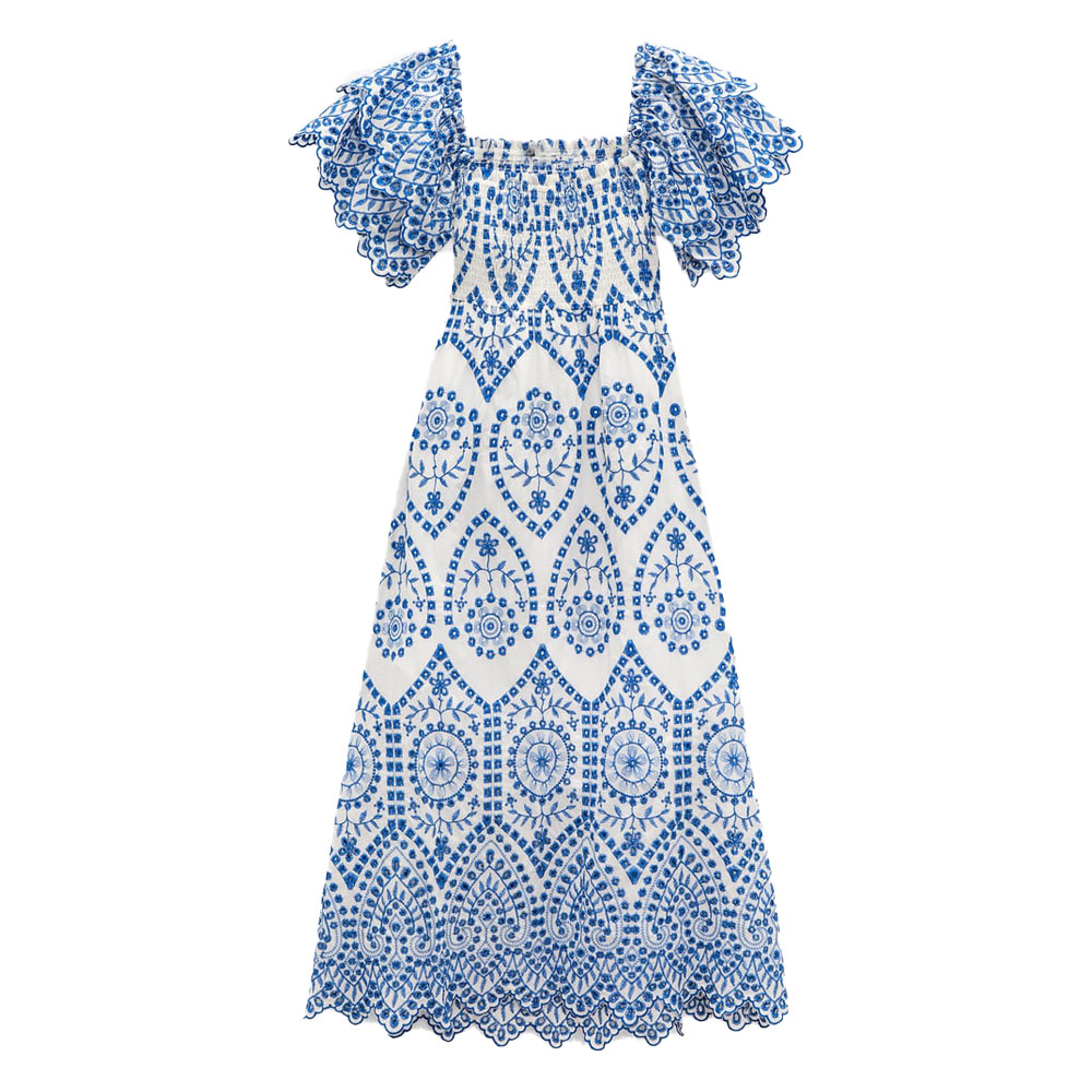 Zach AiIsa summer new temperament square neck layered flying sleeves stretch bust embroidered hollow out back printed dress alx