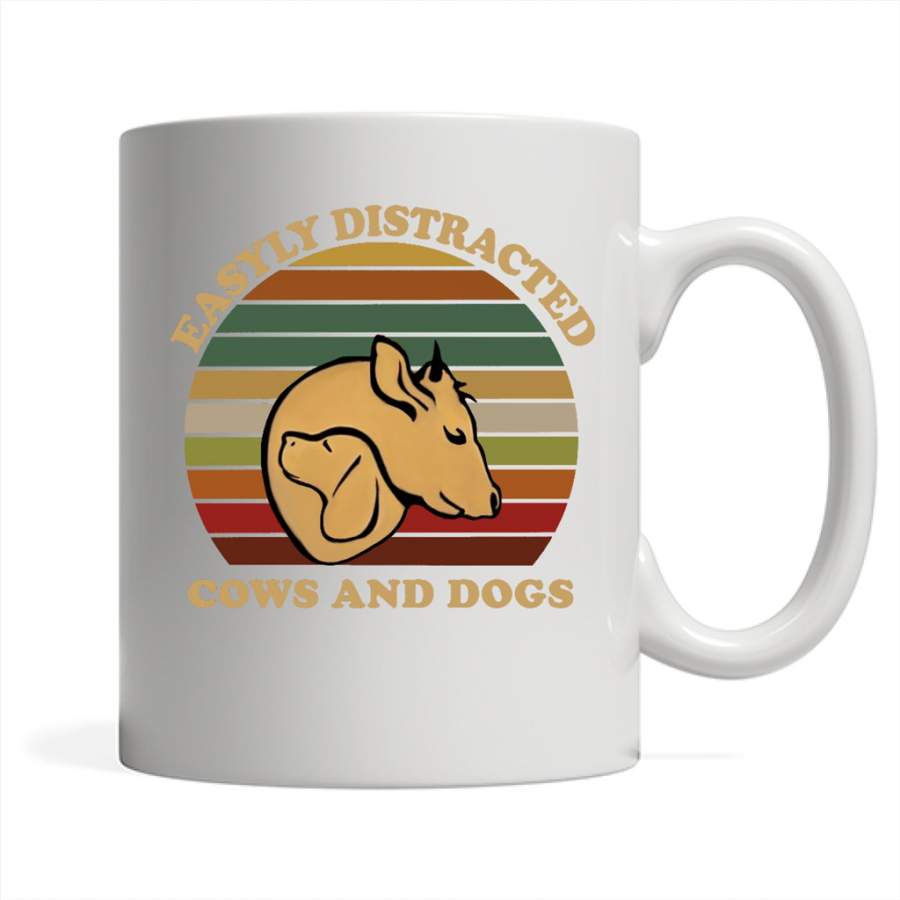 Easily Distracted By Cows And Dogs, Classic Vintage Retro – Full-Wrap Coffee White Mug