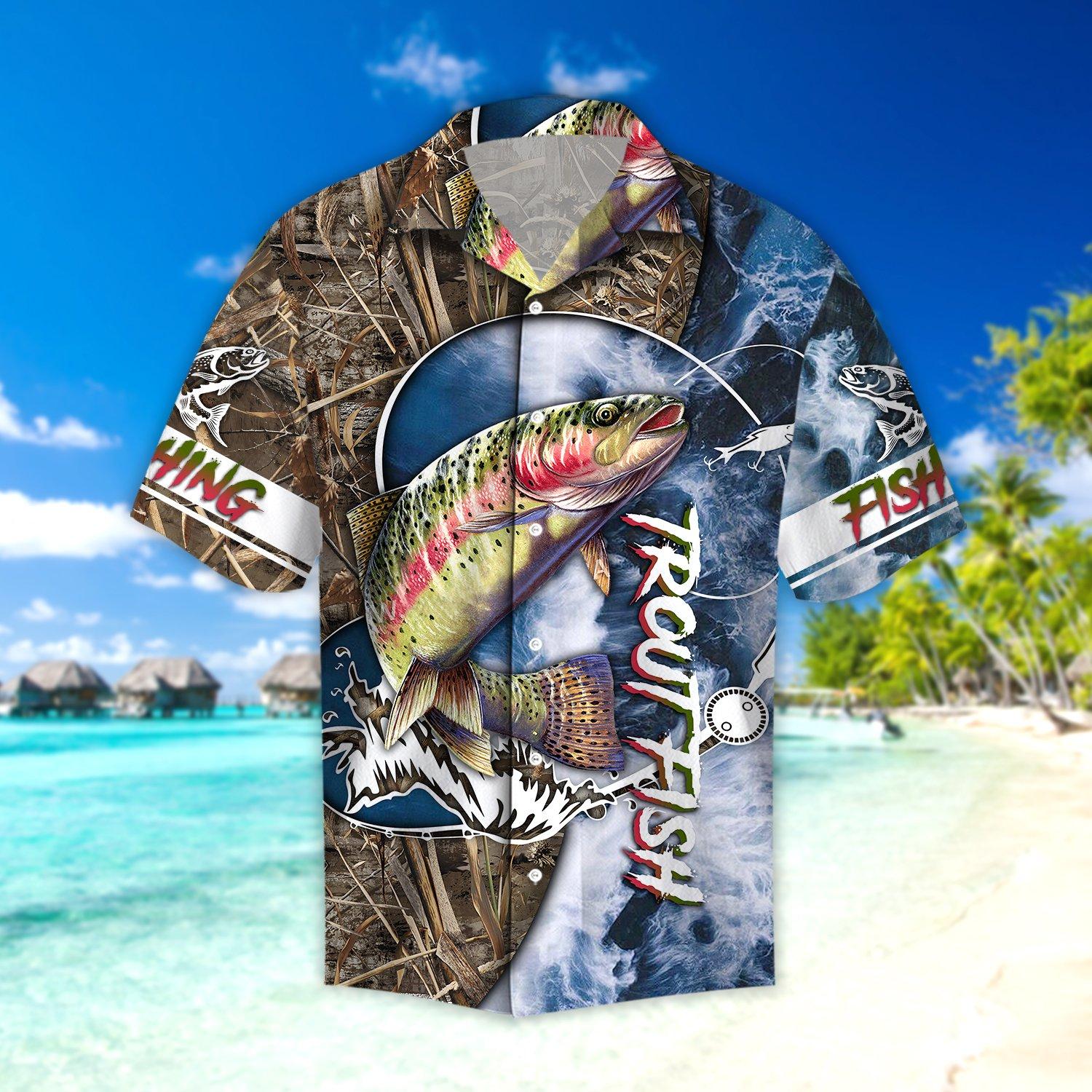 Fishing Hawaiian Shirt Trout Fish Blue Wood Hawaiian Aloha Ha57082