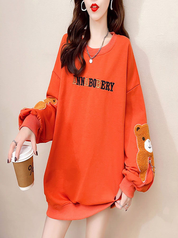 Spring 2022 Kawaii Teen Girl Yellow Long Sweatshirt Korean Cute Bear Embroidery Women Long Sleeve Orange Loose Sweatshirt Tops alx