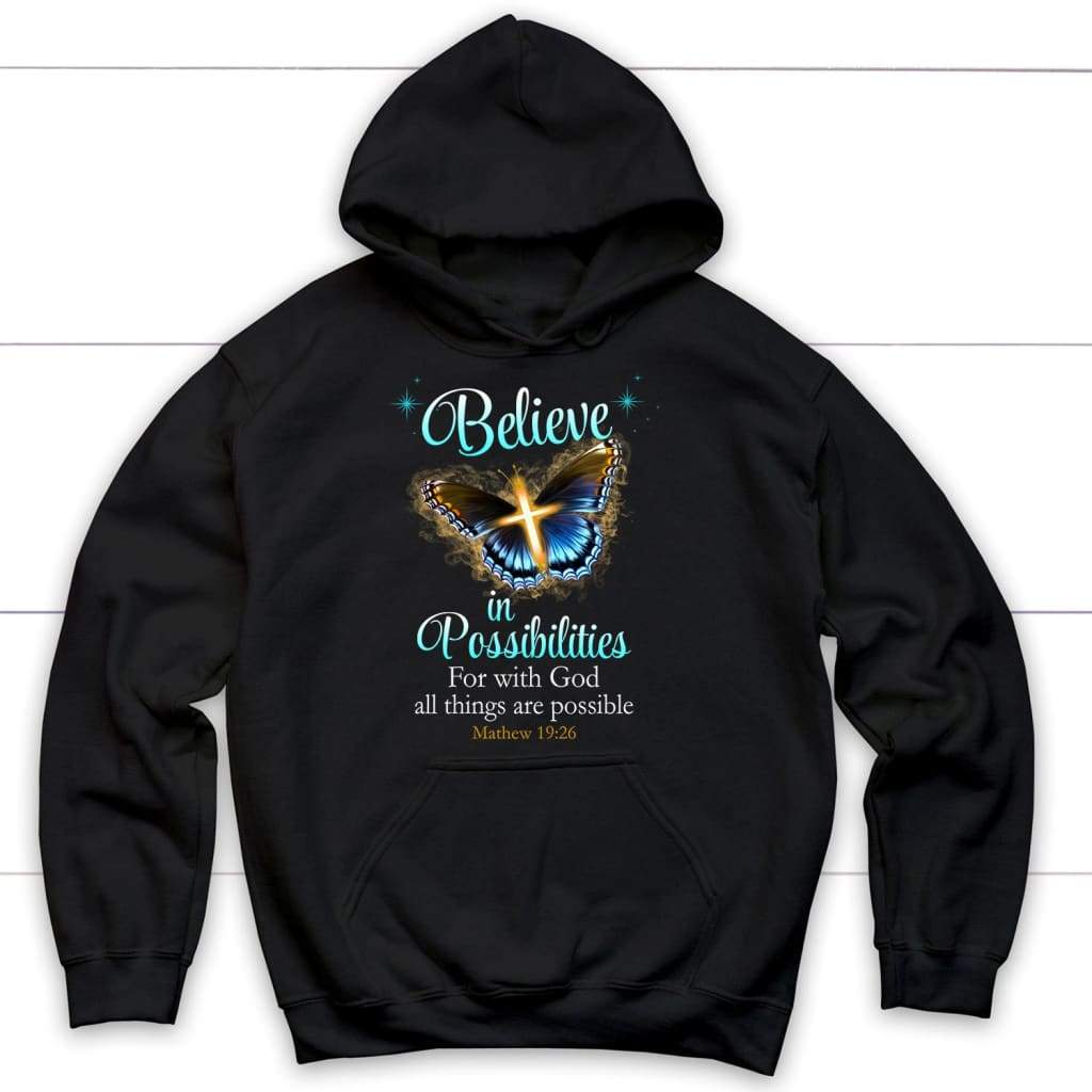 Christian Hoodies: With God All Things Are Possible Cross Butterfly Bible Verse Hoodie