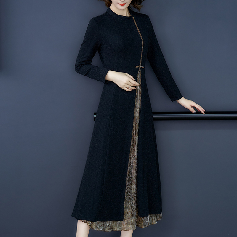 Women Black Chinese Style Patchwork Maxi Dress Autumn Winter Korean Vintage Causal Dress 2022 Long Sleeve Elegant Bodycon Dress alx