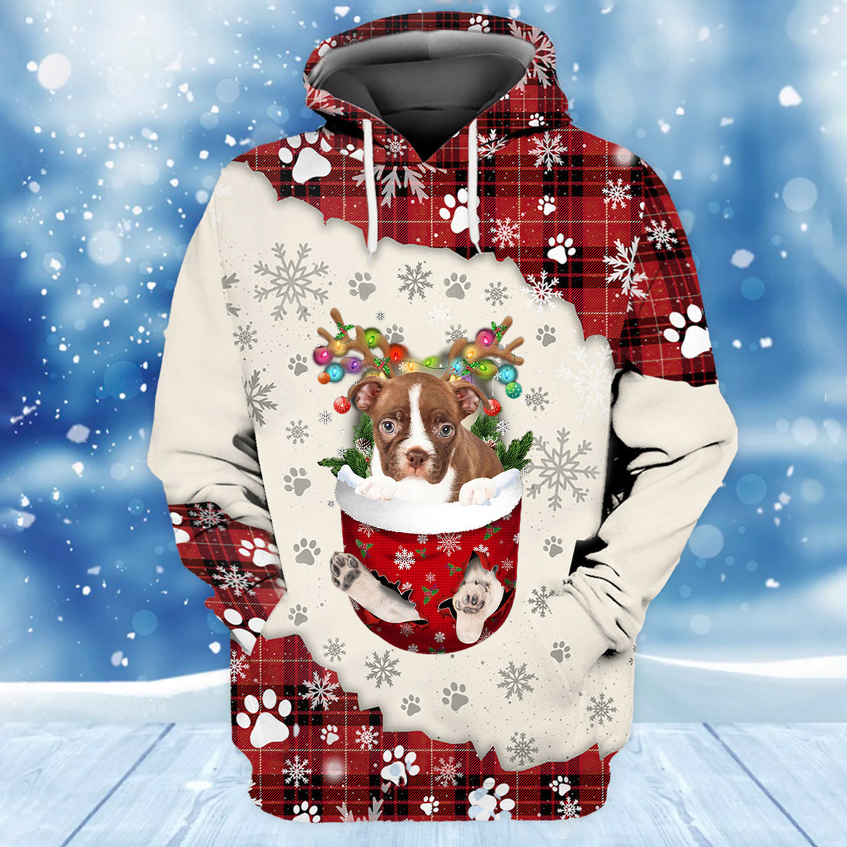 Red Boston Terrier In Snow Pocket Merry Christmas Unisex Hoodie