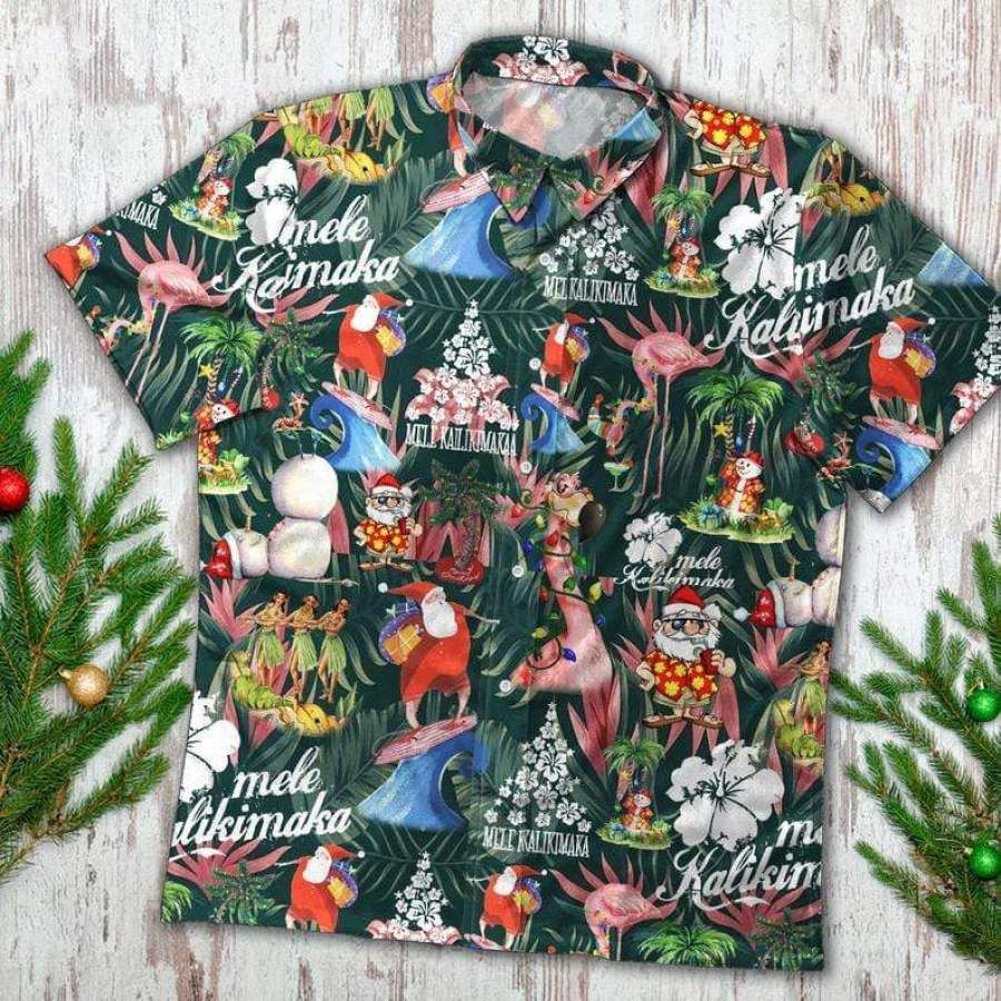 Funny Flamingo Santa Claws Surfing Christmas Hawaii Aloha Shirts Ha68487